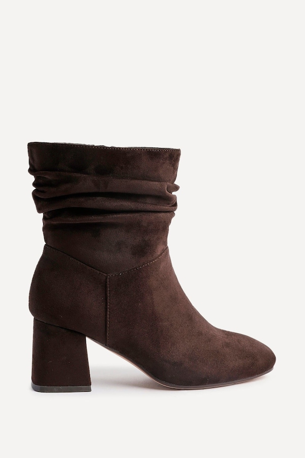 Linzi Zayda Wide Fit Brown Faux Suede Ruched Heeled Ankle Boot