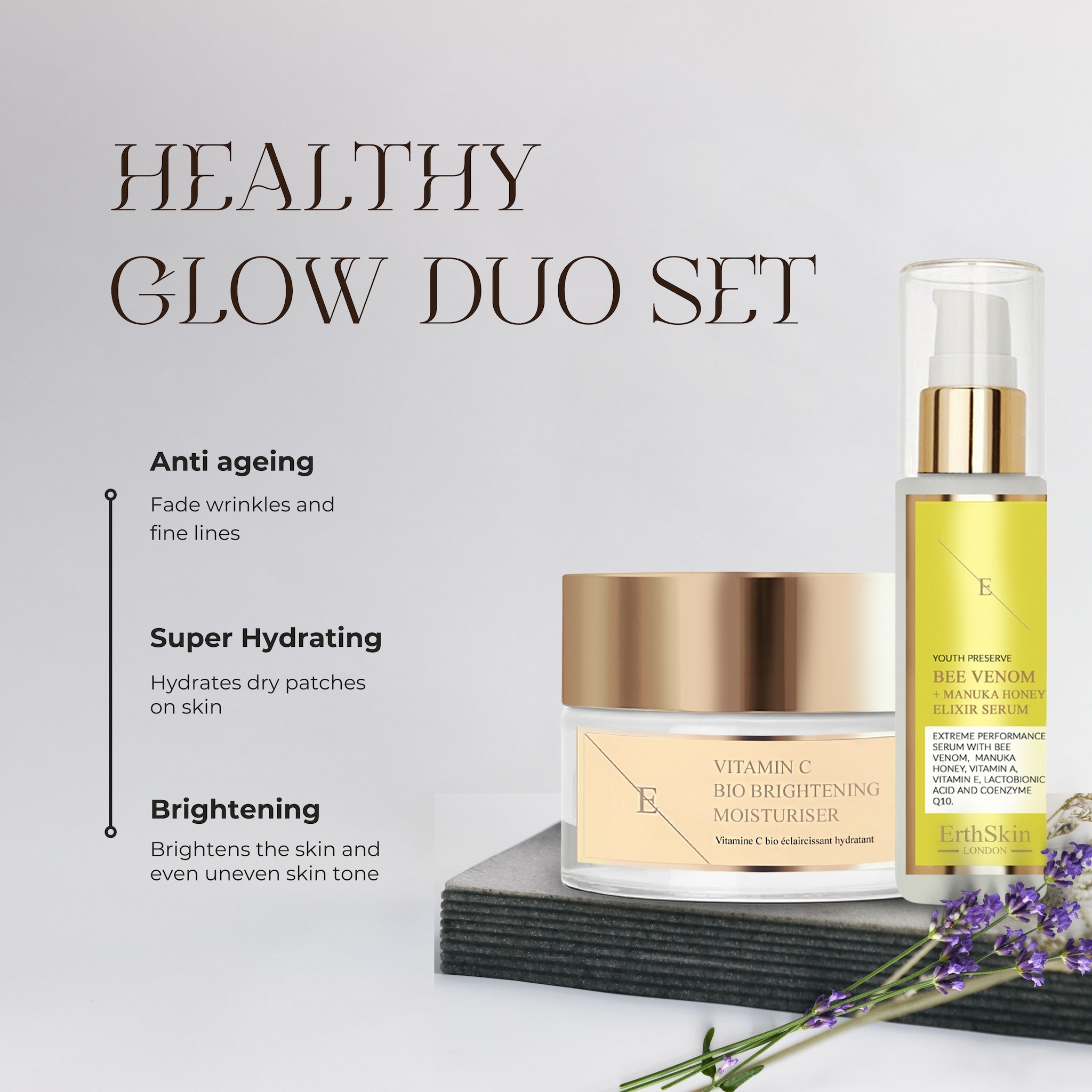 Erth Skin London Radiant Revival Duo Vitamin C Bio Brightening Moisturiser 50ml + Bee Venom & Manuka Honey Elixir Serum 60ml image 2
