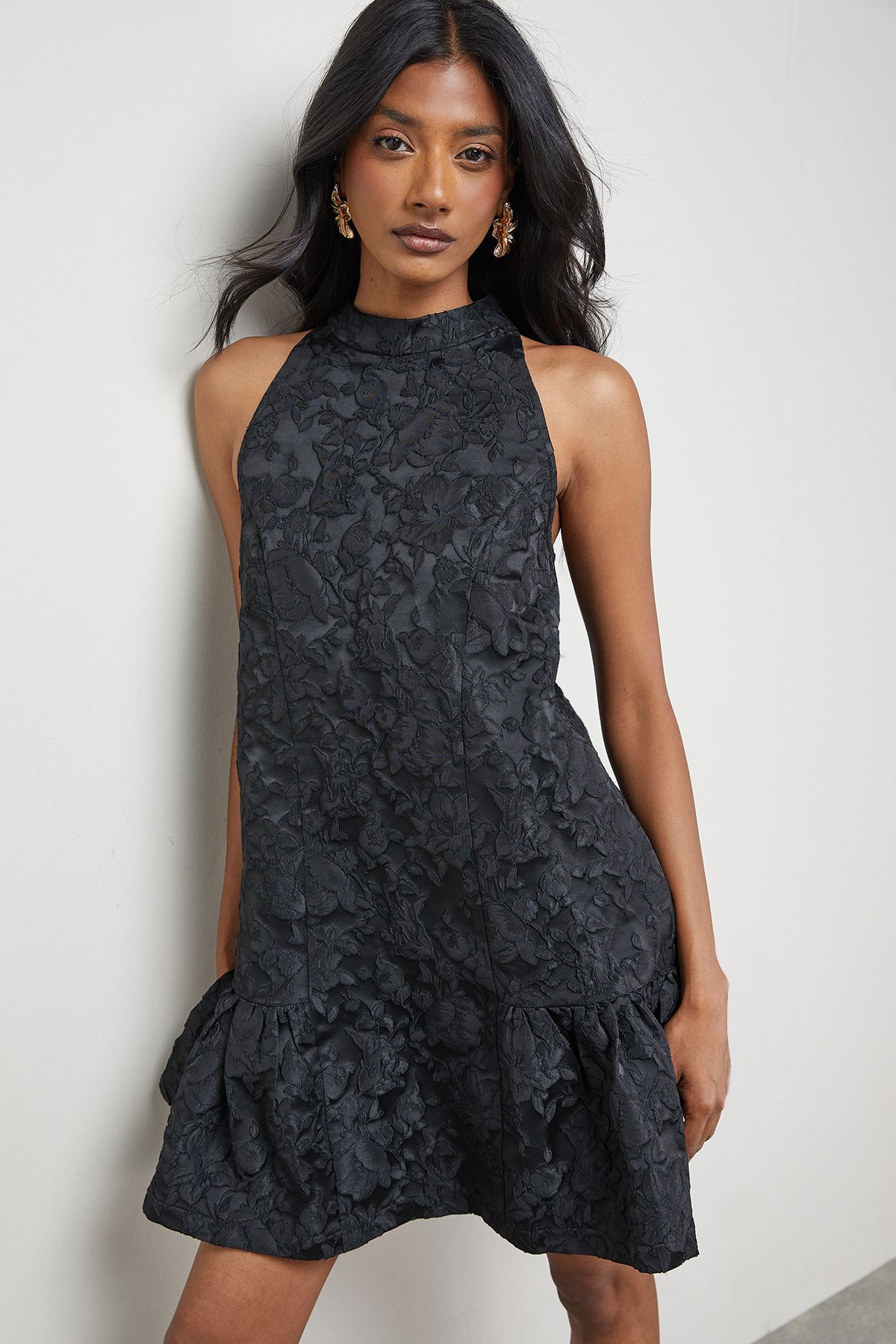 Warehouse Jacquard High Neck Drop Hem Mini Dress Black image 1