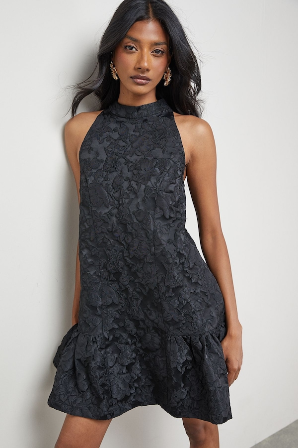 Warehouse Jacquard High Neck Drop Hem Mini Dress Black