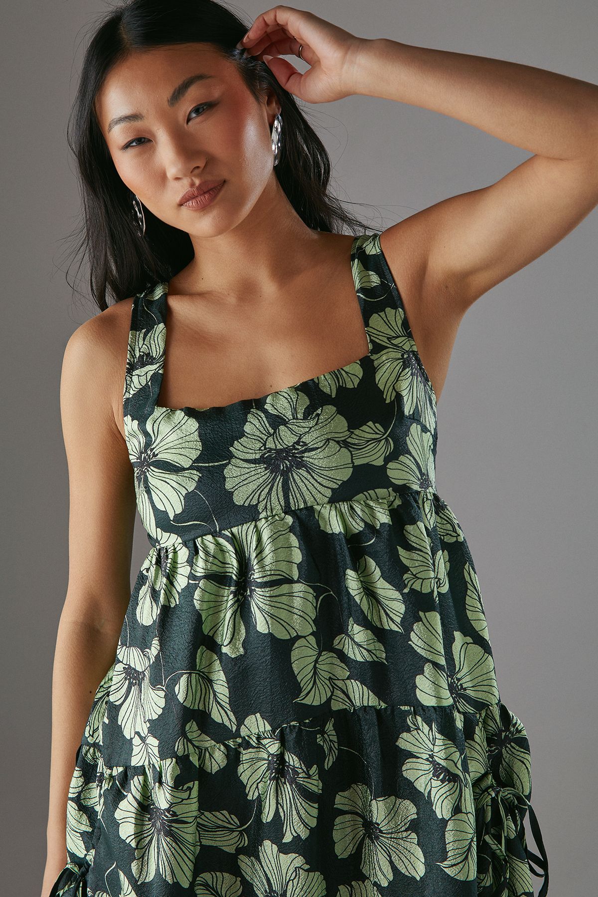 Warehouse Petite Square Neck Smock Midi Sundress Lime image 3