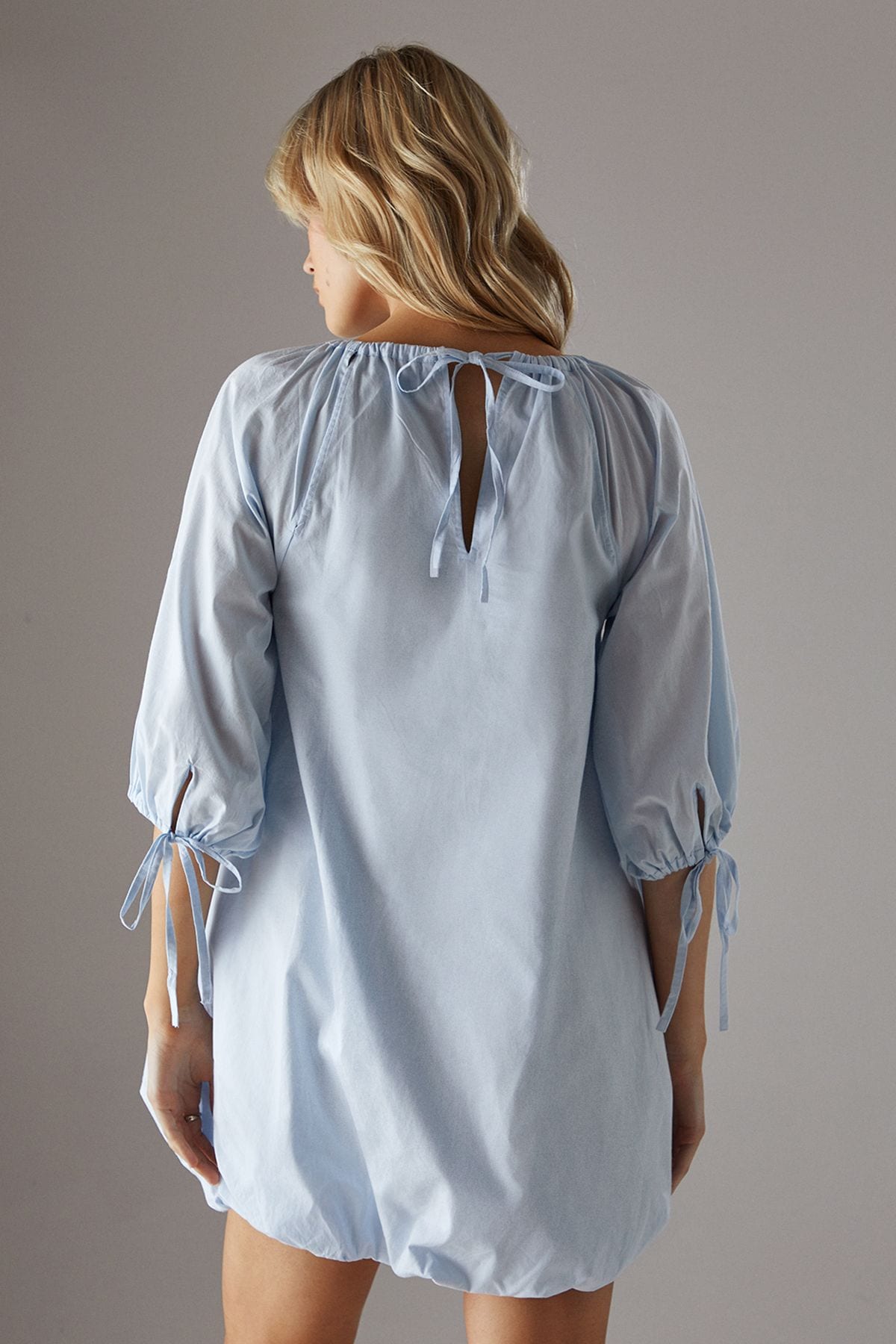 Warehouse Poplin Bubble Balloon Sleeve Mini Dress Pale Blue image 3