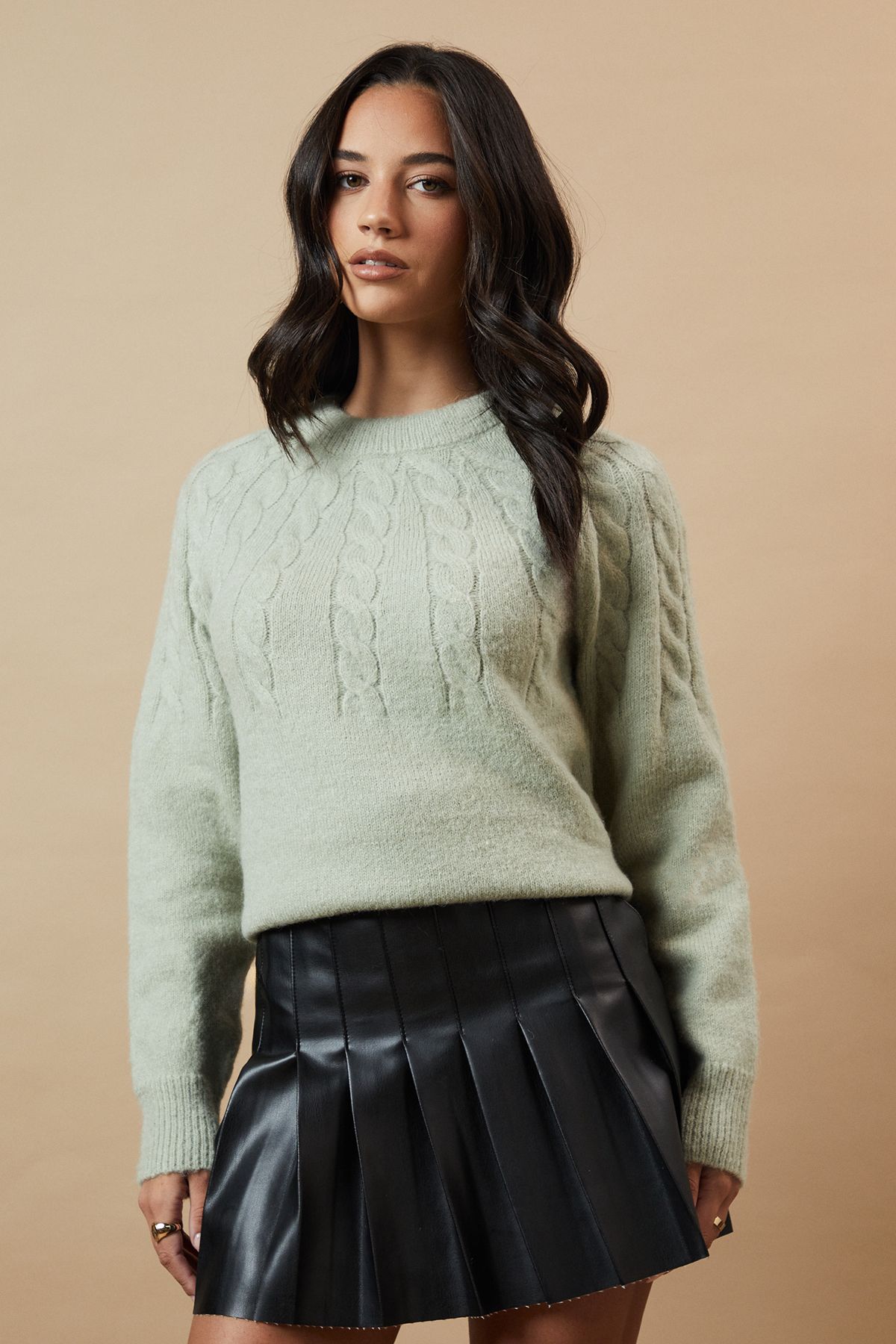 Oasis Cable Yolk Raglan Jumper With Satin Tie Back Bow Sage image 1