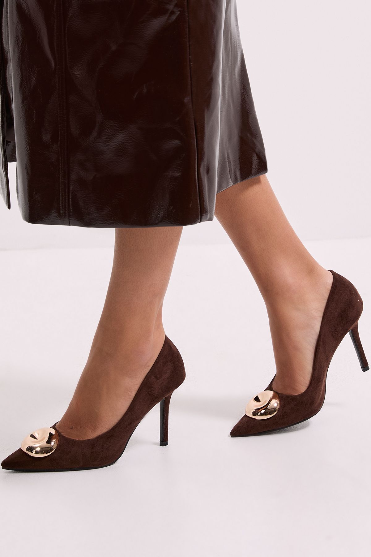 MissPap Faux Suede Metal Trim Detail High Stiletto Heel Court Shoes Chocolate image 1