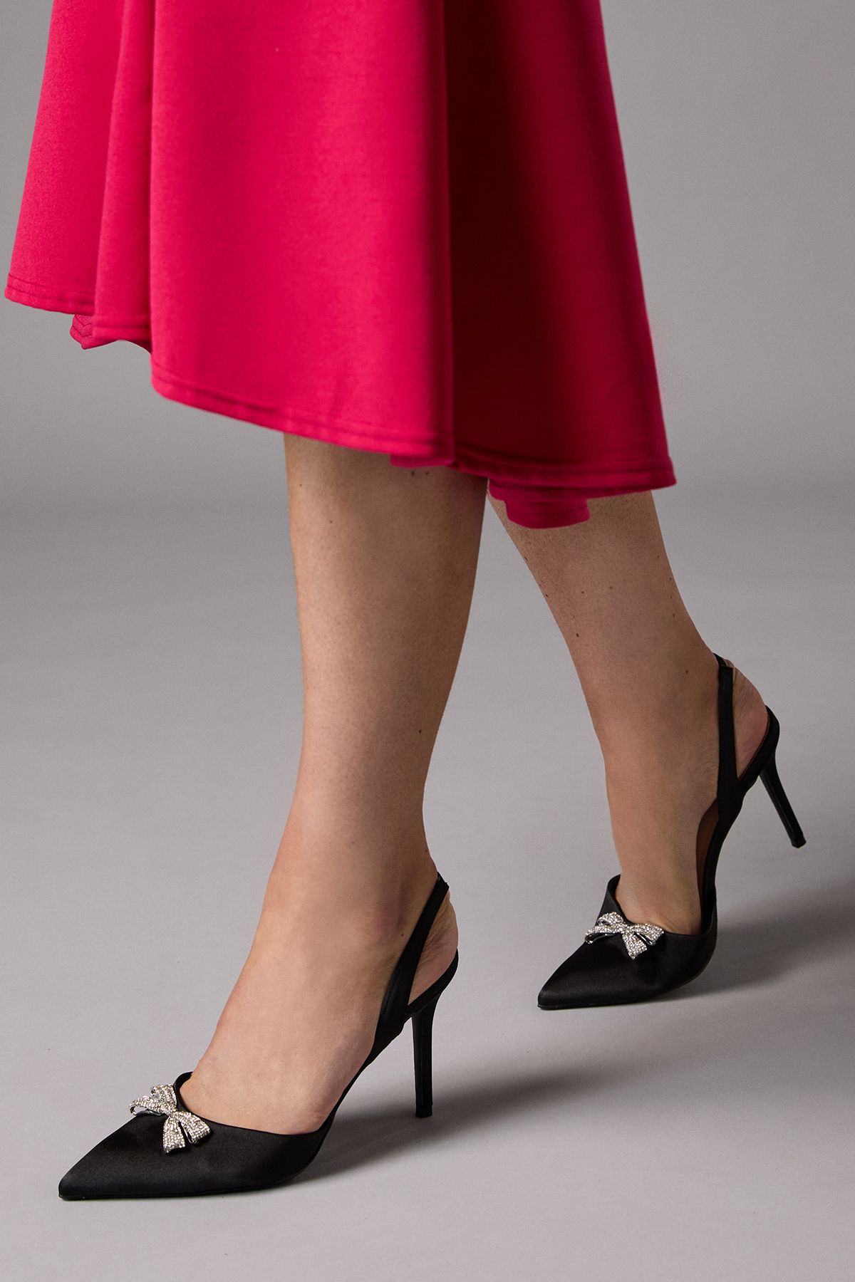 Coast Scarlett Satin Diamante Bow Brooch Slingback High Stiletto Heel Court Shoes Black image 2