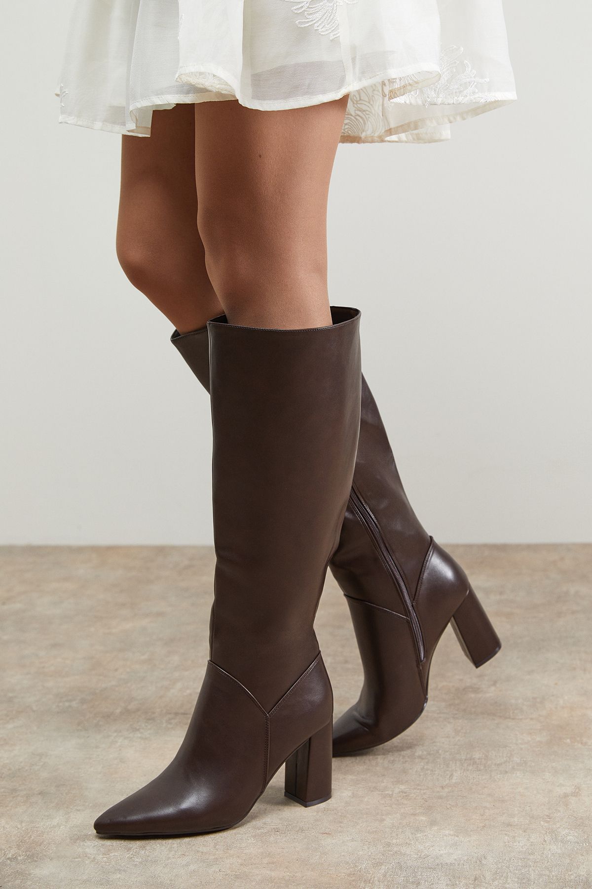 Oasis Jemima Faux Leather High Block Heel Pointed Knee Boots Brown image 1