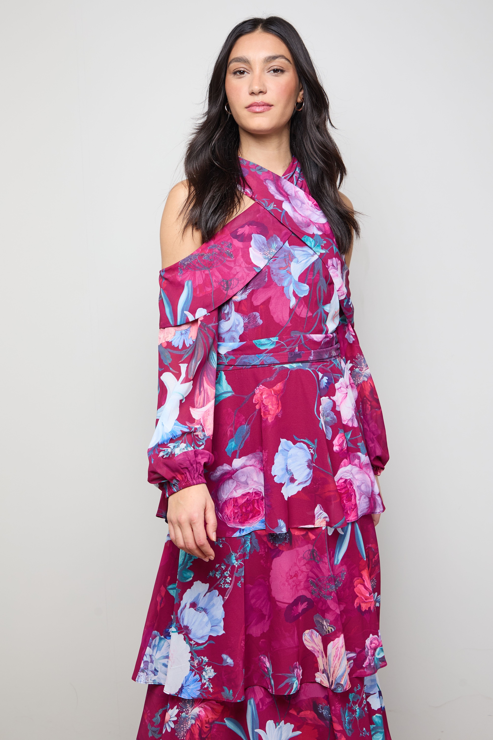 Oasis Printed Halterneck Off The Shoulder Tiered Maxi Dress Floral image 2