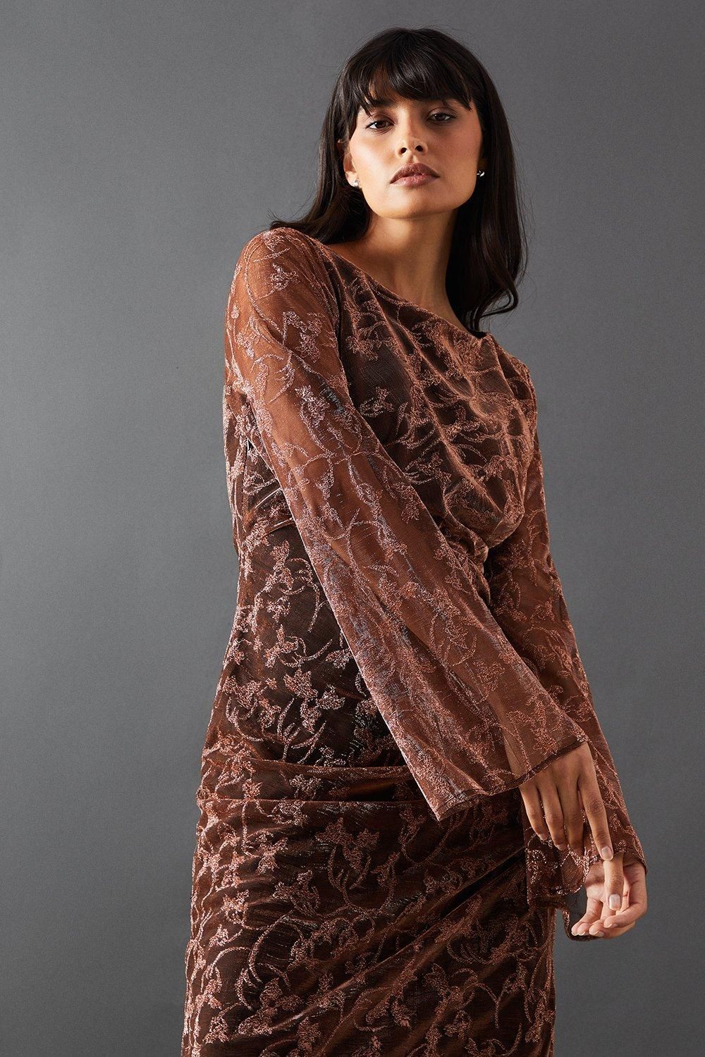 Warehouse Metallic Mesh Ruched Side Midi Dress Bronze image 2