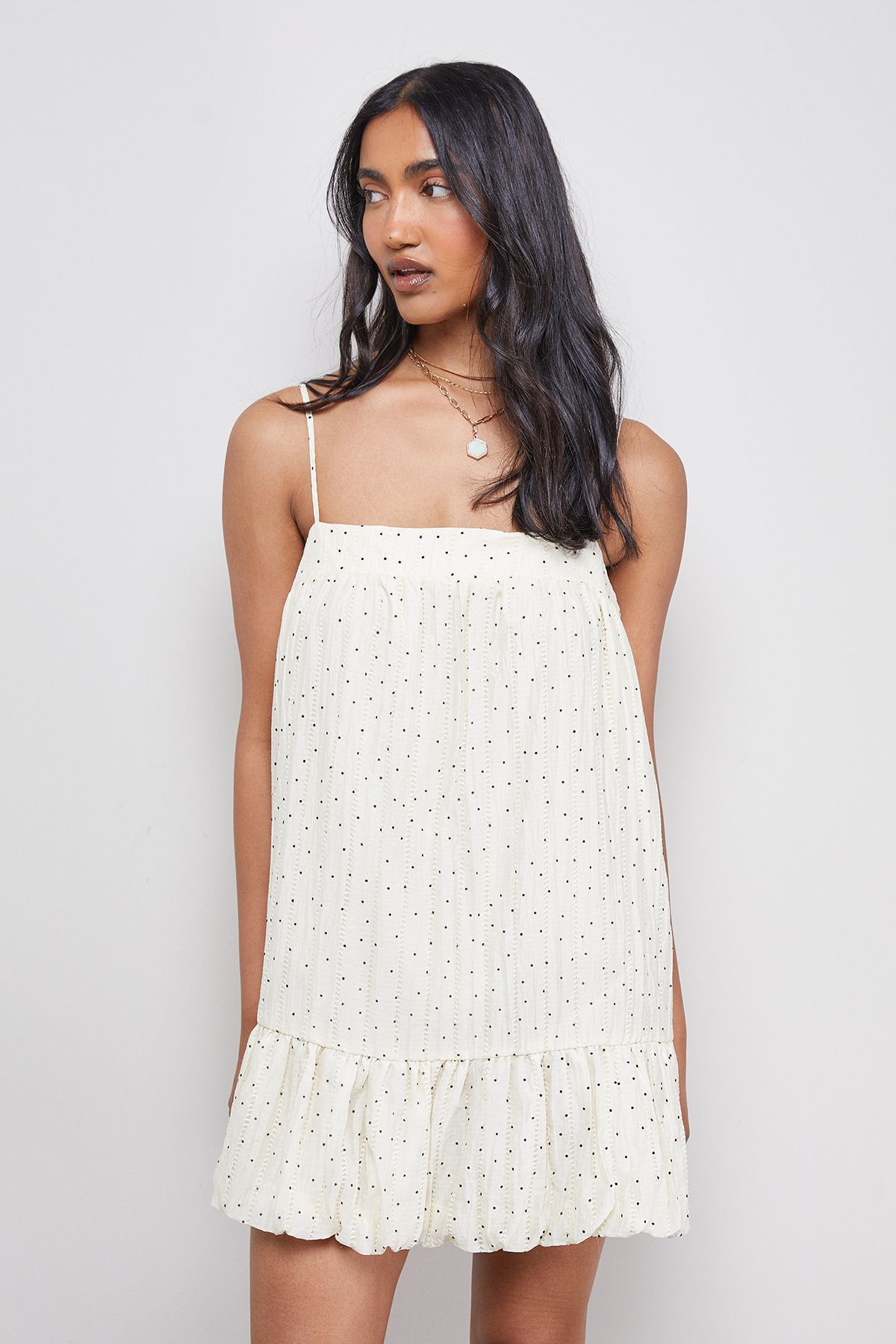 Warehouse Polka Dot Organza Strappy Bubble Hem Mini Dress Ivory