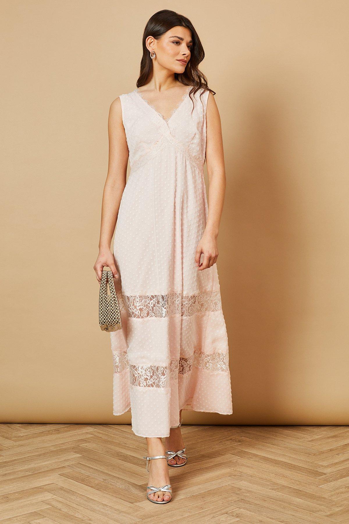 Oasis Dobby Chiffon Lace Insert Midi Dress Blush image 1