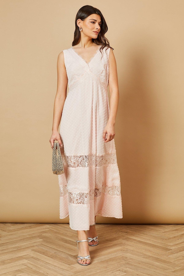 Oasis Dobby Chiffon Lace Insert Midi Dress Blush