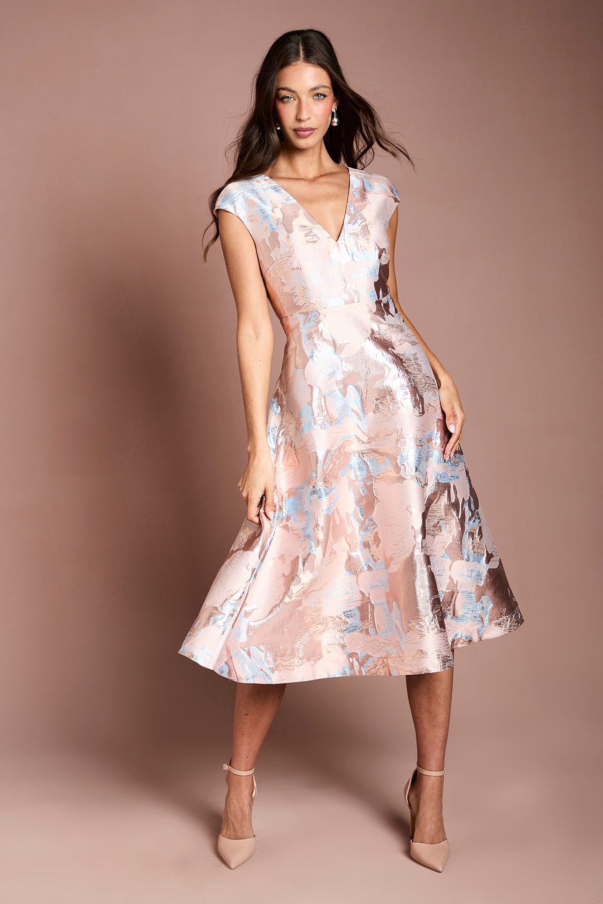Coast Plunge Neck Jacquard Midi Dress Blush