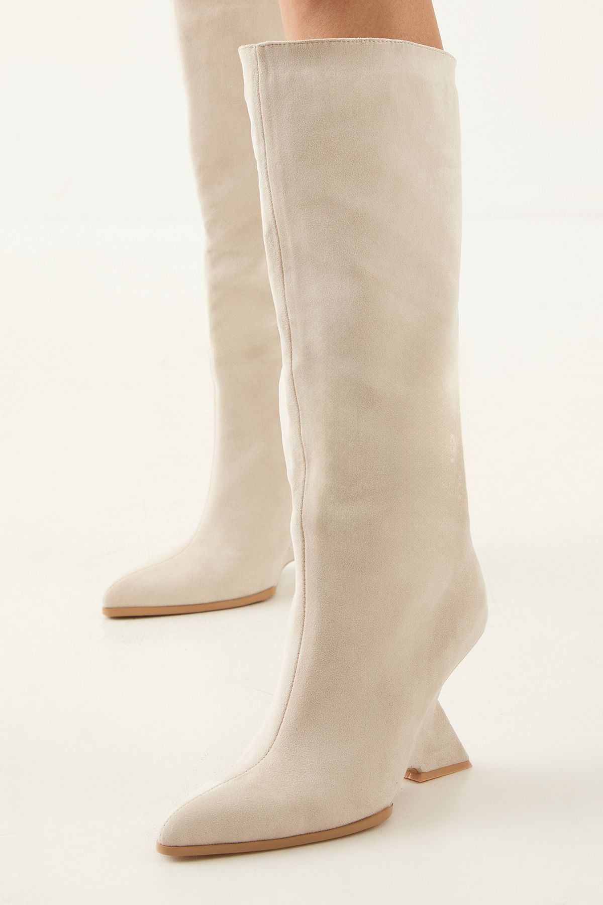 MissPap Faux Suede High Wedge Knee Boots Beige image 4