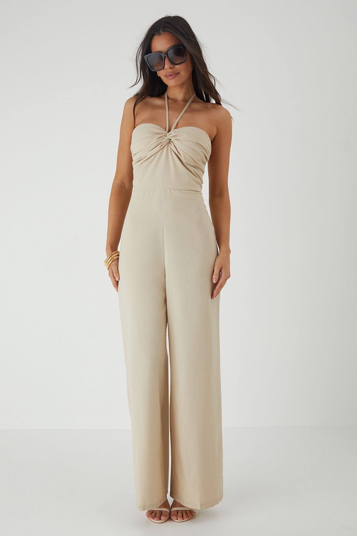 MissPap Linen Look Twist Halter Neck Jumpsuit Stone image 2