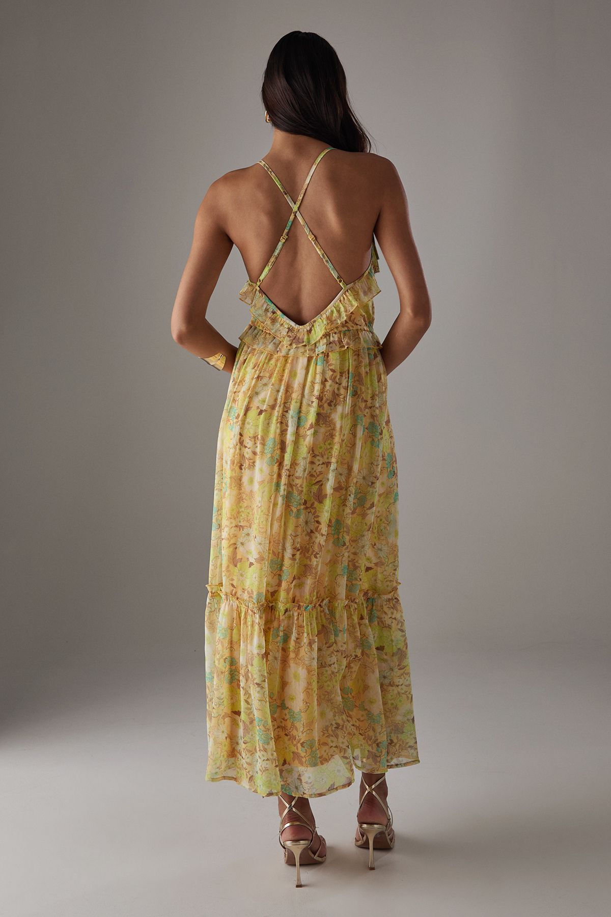 Warehouse Chiffon Ruffle Strappy Floaty Maxi Dress Floral image 3