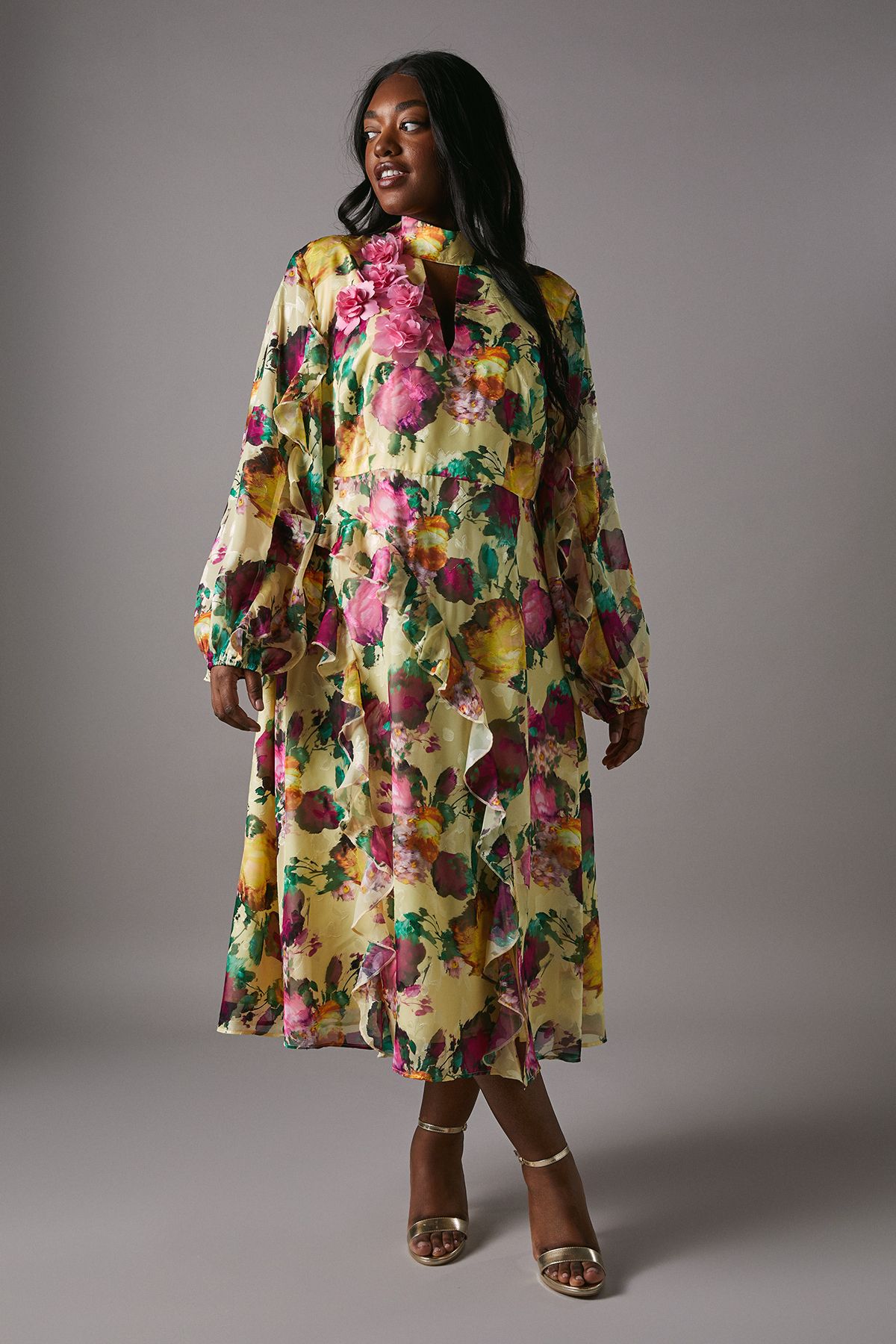 Coast Plus Printed Jacquard Ruffle Dress Yellow image 1