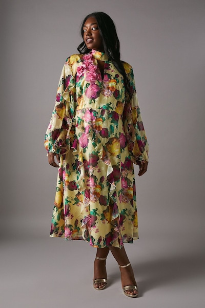 Coast Plus Printed Jacquard Ruffle Dress Yellow