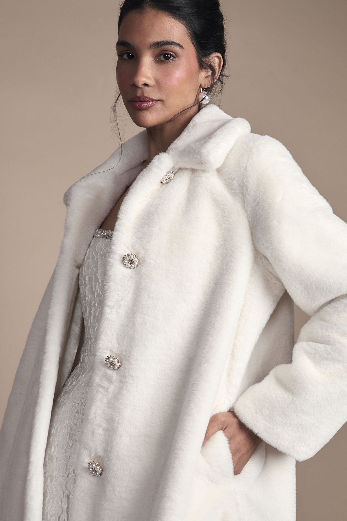 Coast Ivory Diamante Faux Fur Button Through Occasion Coat Ivory image 4