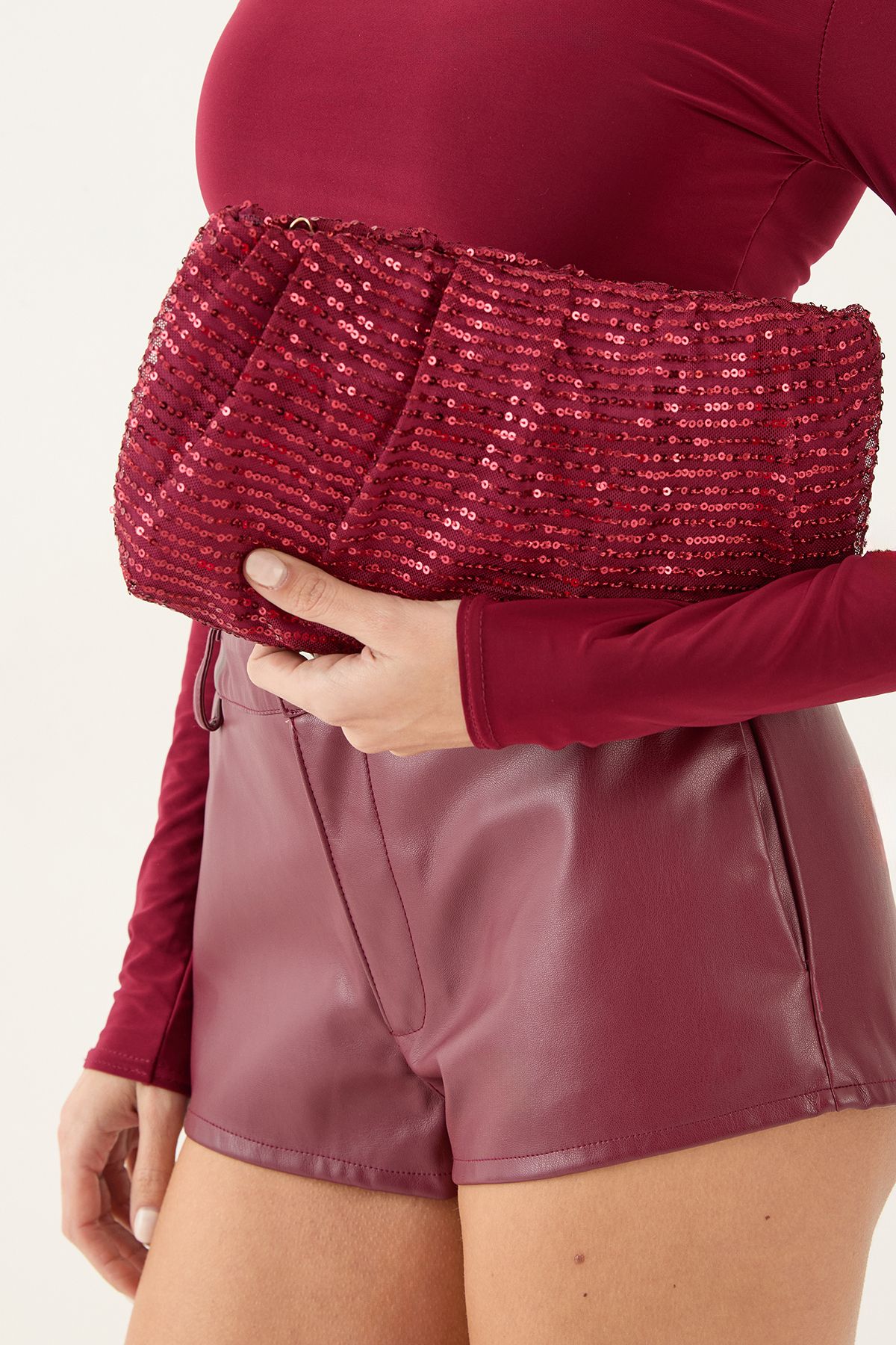 MissPap Ruched Sequin Clutch Bag Burgundy image 2