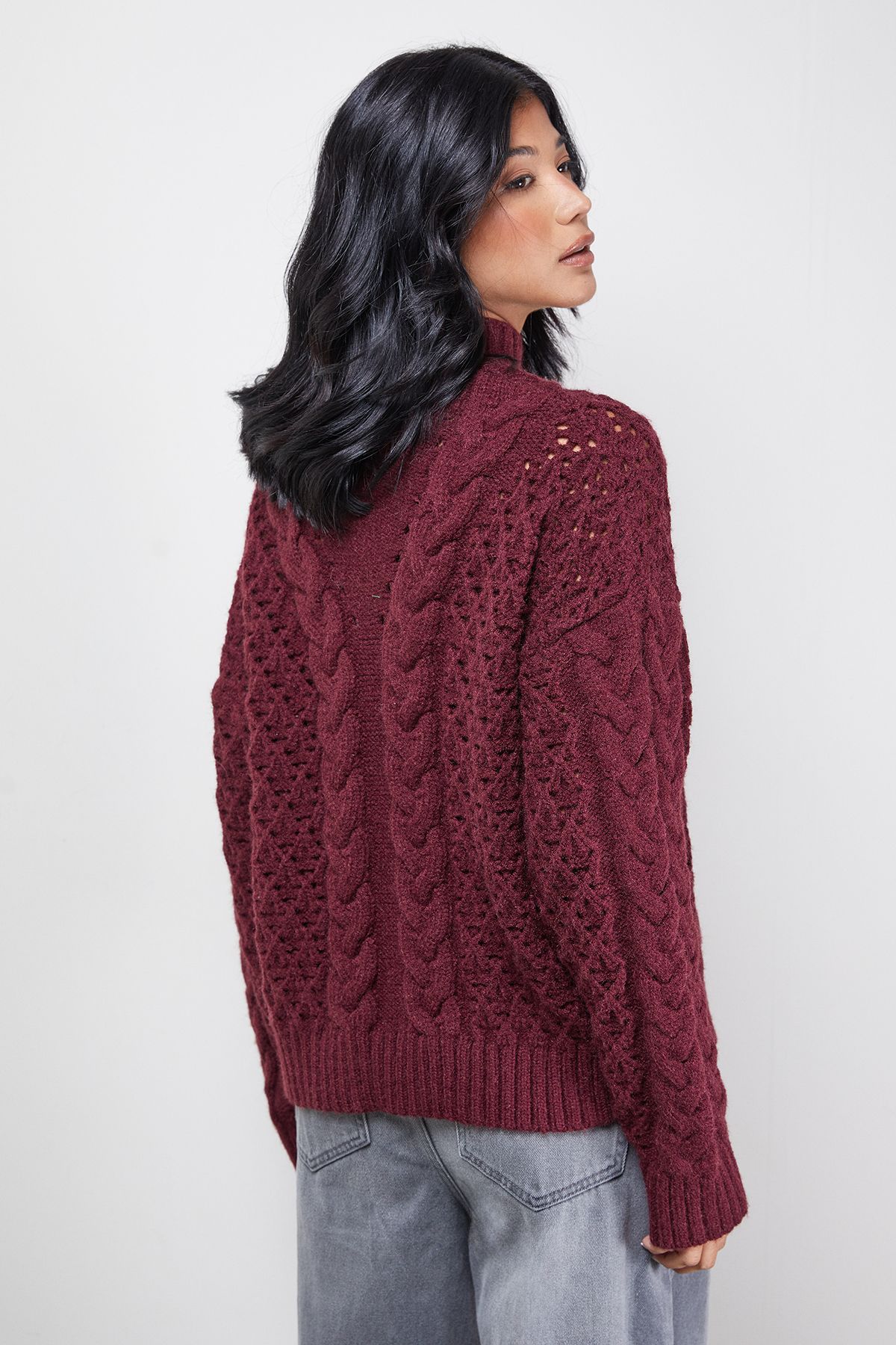 Warehouse Chunky Cable Knit Roll Neck Jumper Dark Red image 4