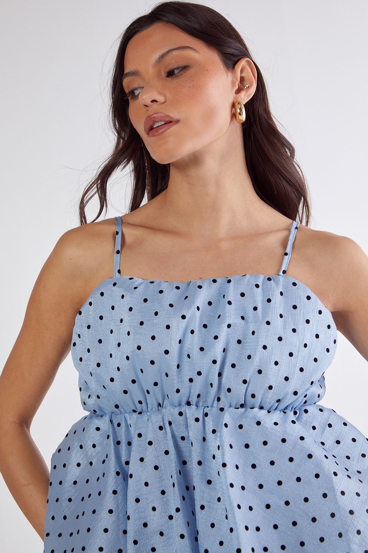 NastyGal Flocked Polka Dot Bubble Hem Longline Cami Top Blue image 3