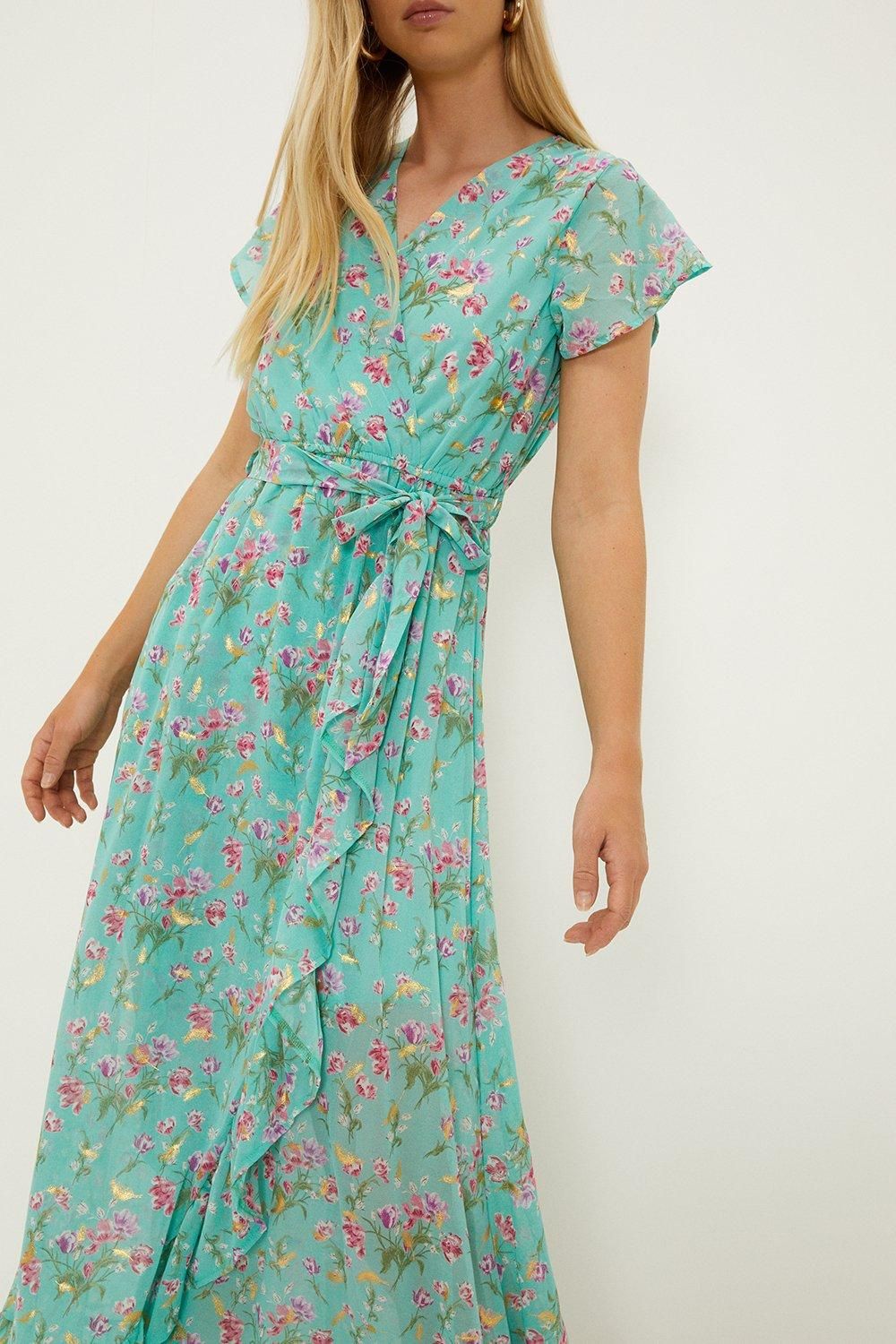 Oasis Pretty Floral Frill Detail Wrap Midi Dress Turquoise image 4
