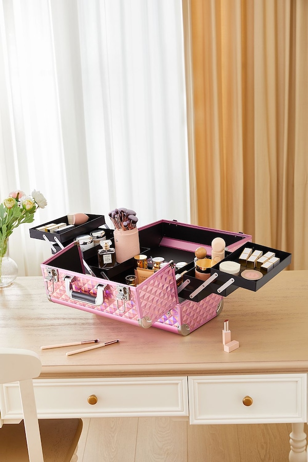 SHEONLY Pink Makeup Box Professional Cosmetic Organizer Aluminum Storage Box with 6 Trays