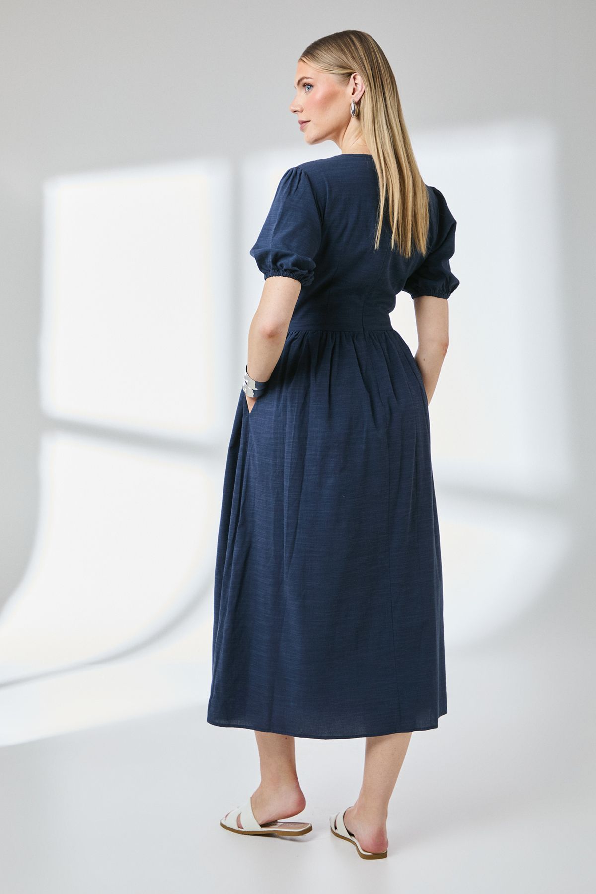 Principles Navy Linen Look V-Neck Midi Dress Navy image 3