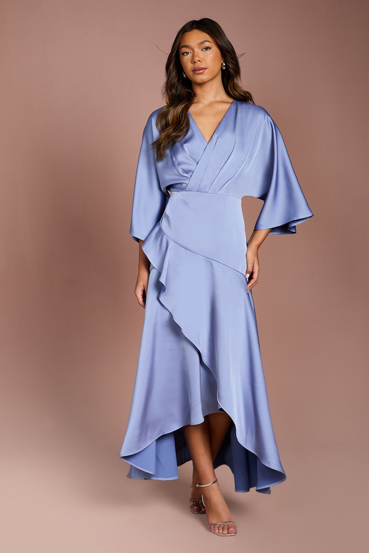 Coast Satin Back Crepe Ruffle Wrap Midi Dress Slate Blue image 1