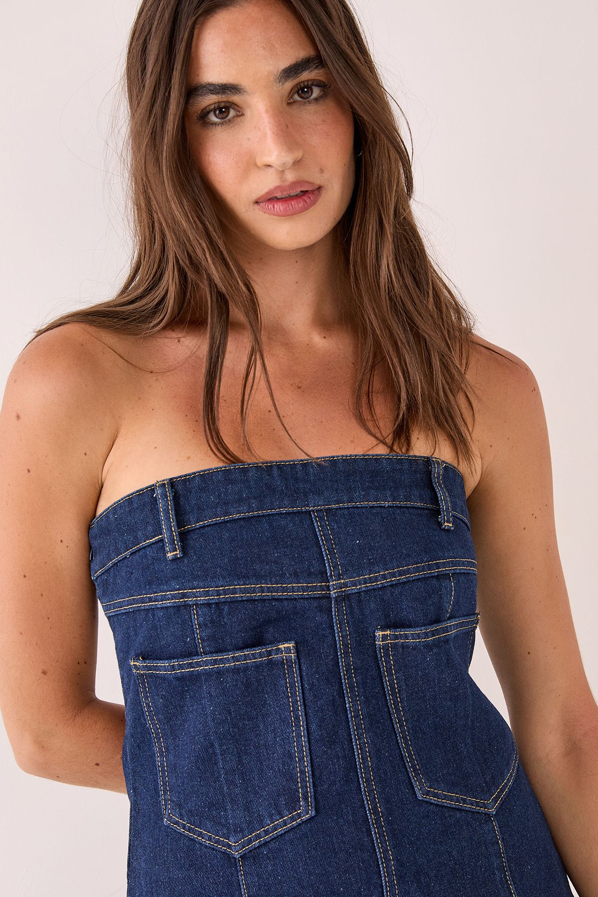 NastyGal Bandeau Denim Pocket Mini Dress Indigo image 5