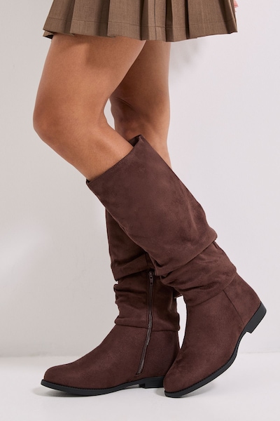 Dorothy Perkins Wide Fit Karina Faux Suede Flat Knee High Ruched Boots Brown