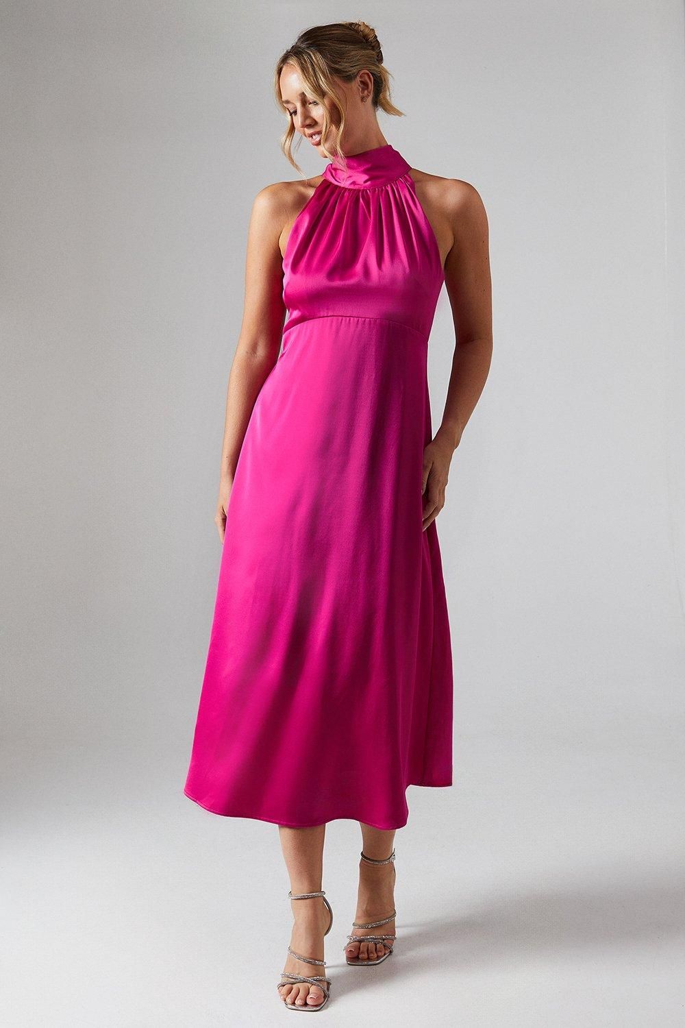 Oasis Satin Halter Neck Midi Bridesmaid Midi Dress Bright Pink