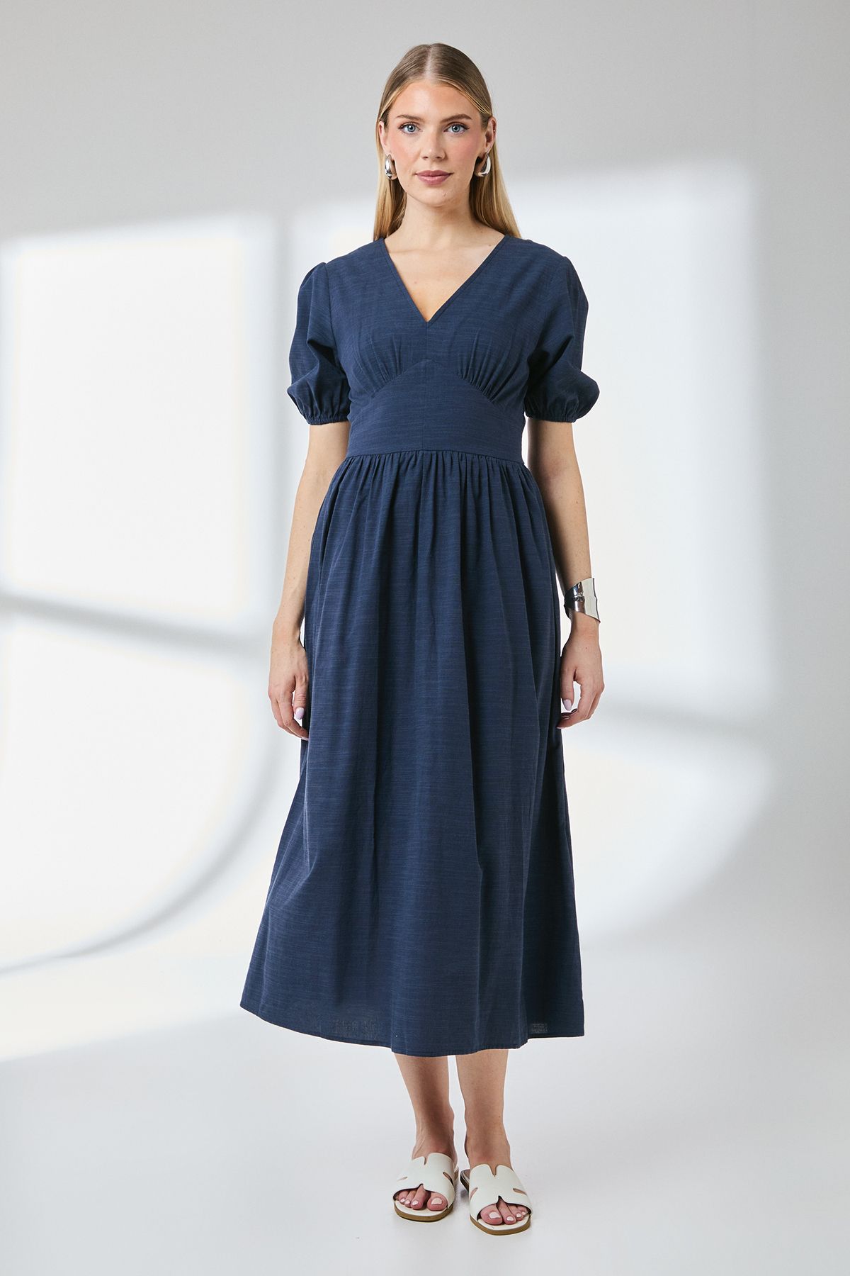 Principles Navy Linen Look V-Neck Midi Dress Navy image 1