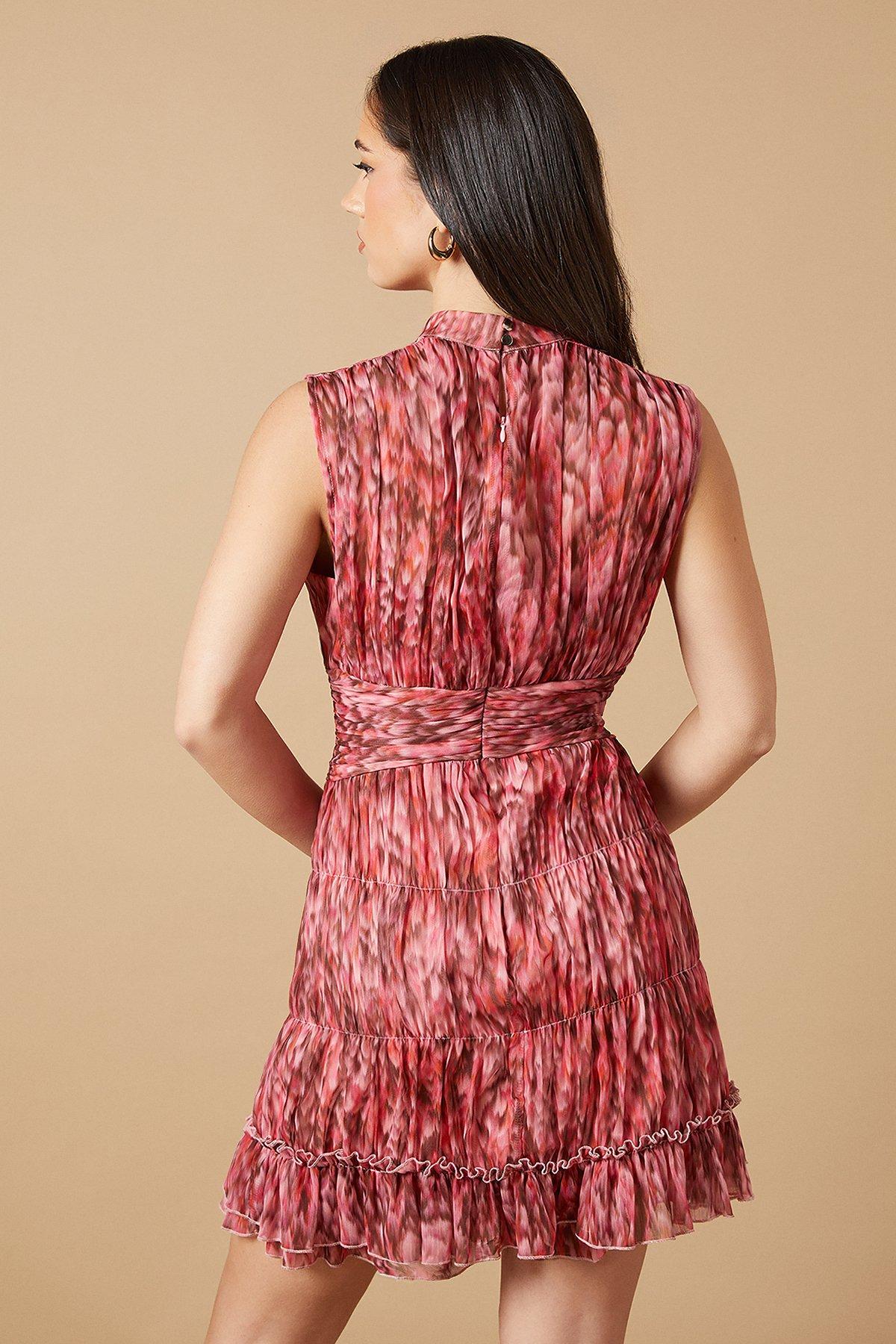 Oasis Printed Ruched Waist High Neck Sleeveless Mini Dress Multi image 4