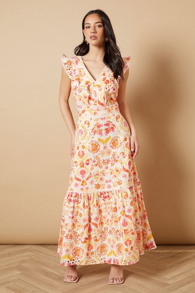 Oasis Broderie Detail V neck Midi Dress Multi