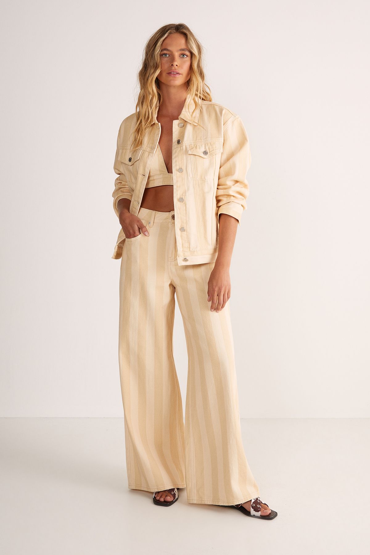 NastyGal Pinstripe Denim Jacket Beige image 2
