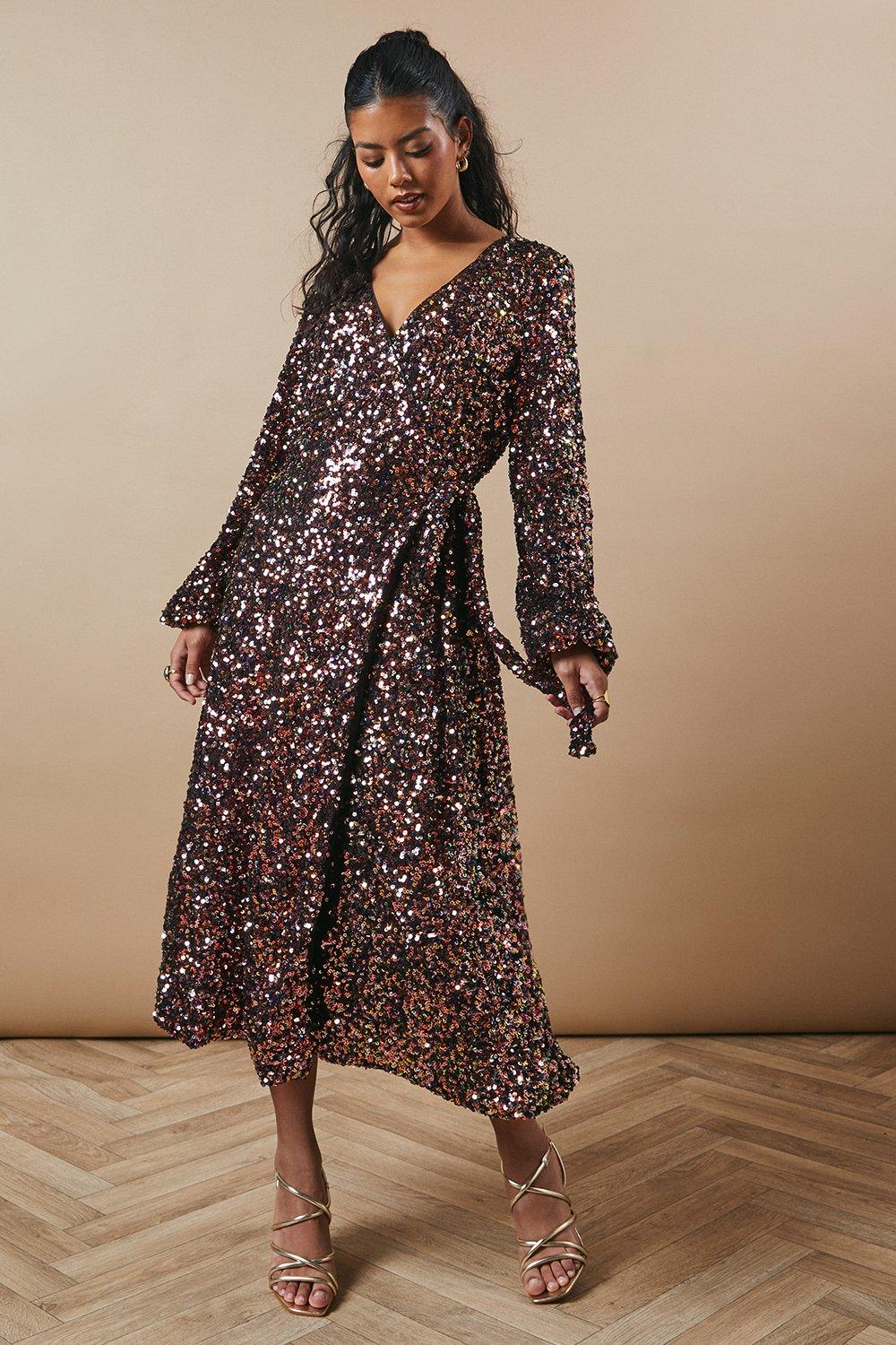 Oasis Petite Occasion Sequin Wrap Midi Dress image 2