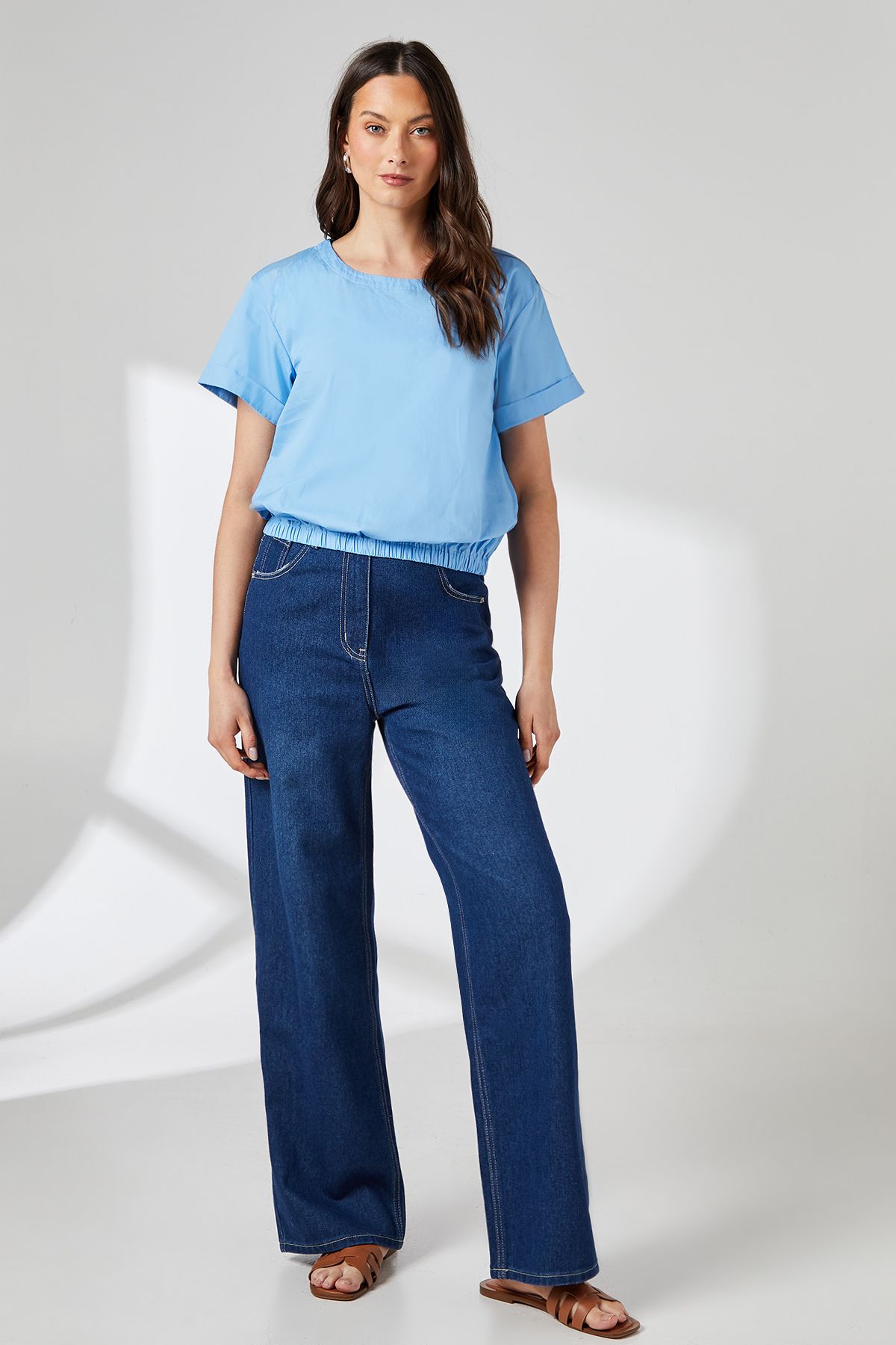 Principles Cotton Elasticated Hem Crew Neck Top Bright Blue image 2