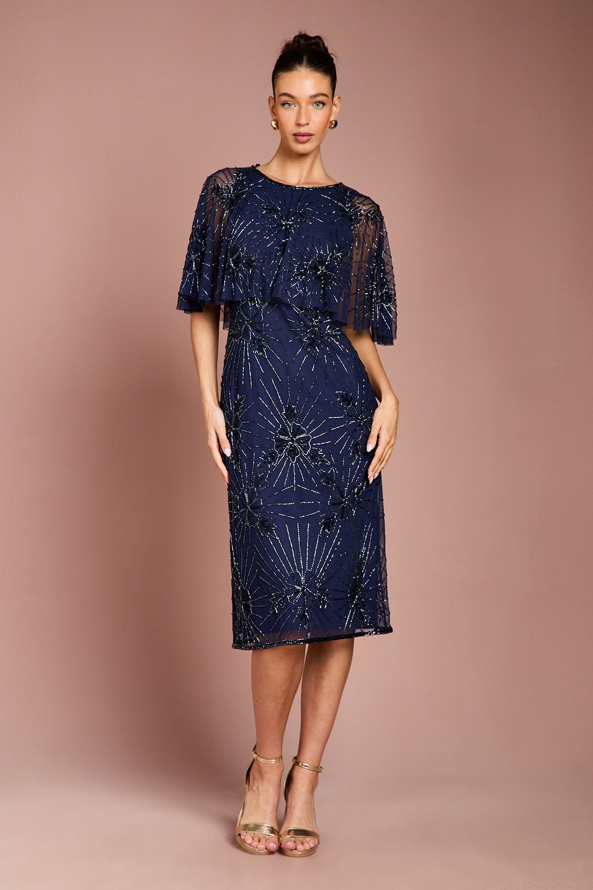 Coast Floral Embellished Cape Midi Dress Navy image 1