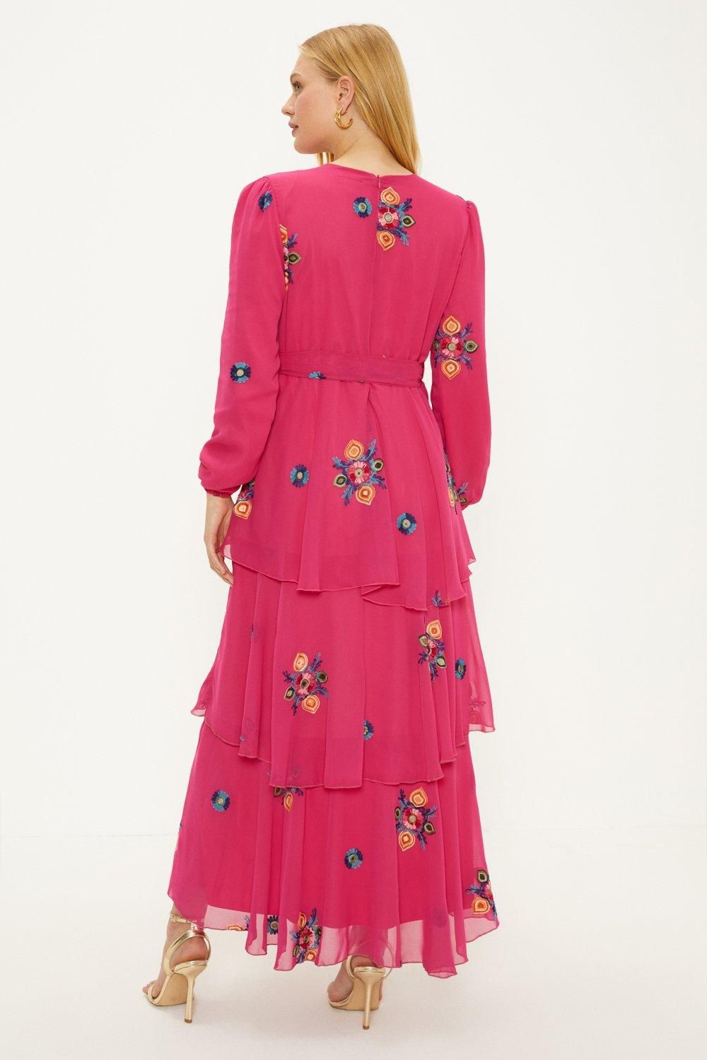 Oasis Embroidered Tiered Ruffle Wrap Midi Dress Pink image 3