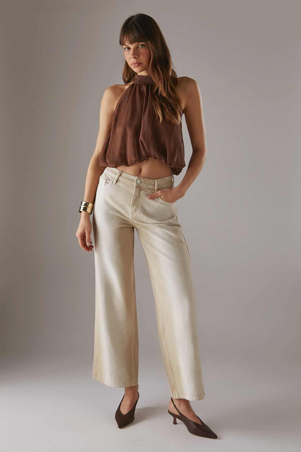 Warehouse Chiffon Halter Bubble Crop Top Chocolate image 2