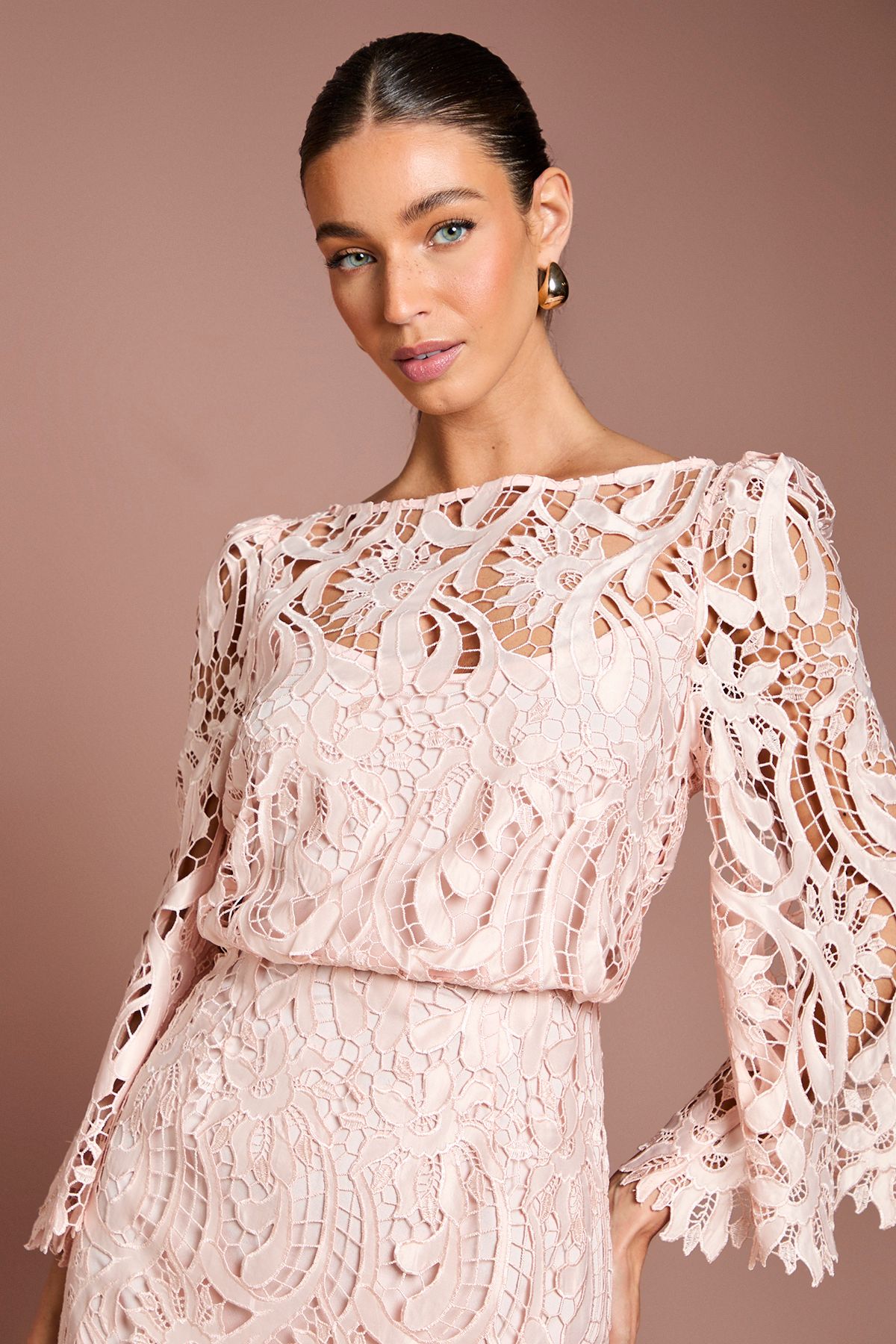 Coast Satin Lace Boat Neck Midi Dress With Fluted Sleeve Blush image 4