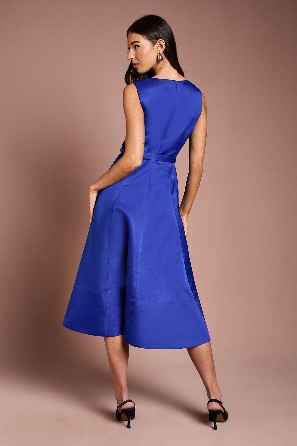 Coast V Neck Structured Satin Belted Midi Dress Cobalt image 3