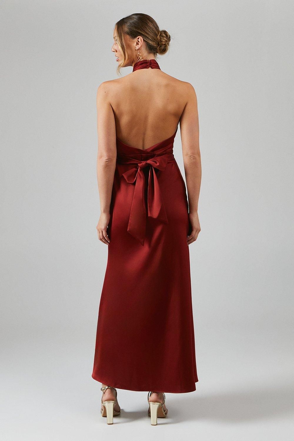 Oasis Satin Halter Bias Cut Maxi Bridesmaid Dress Burnt Orange image 3