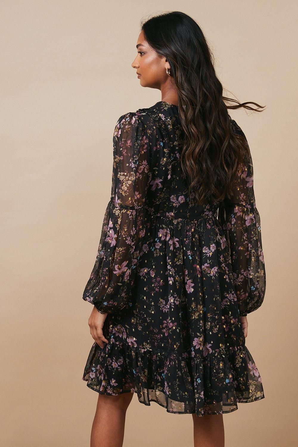 Oasis Occasion Floral Metallic Embroidered Smock Dress Black image 3