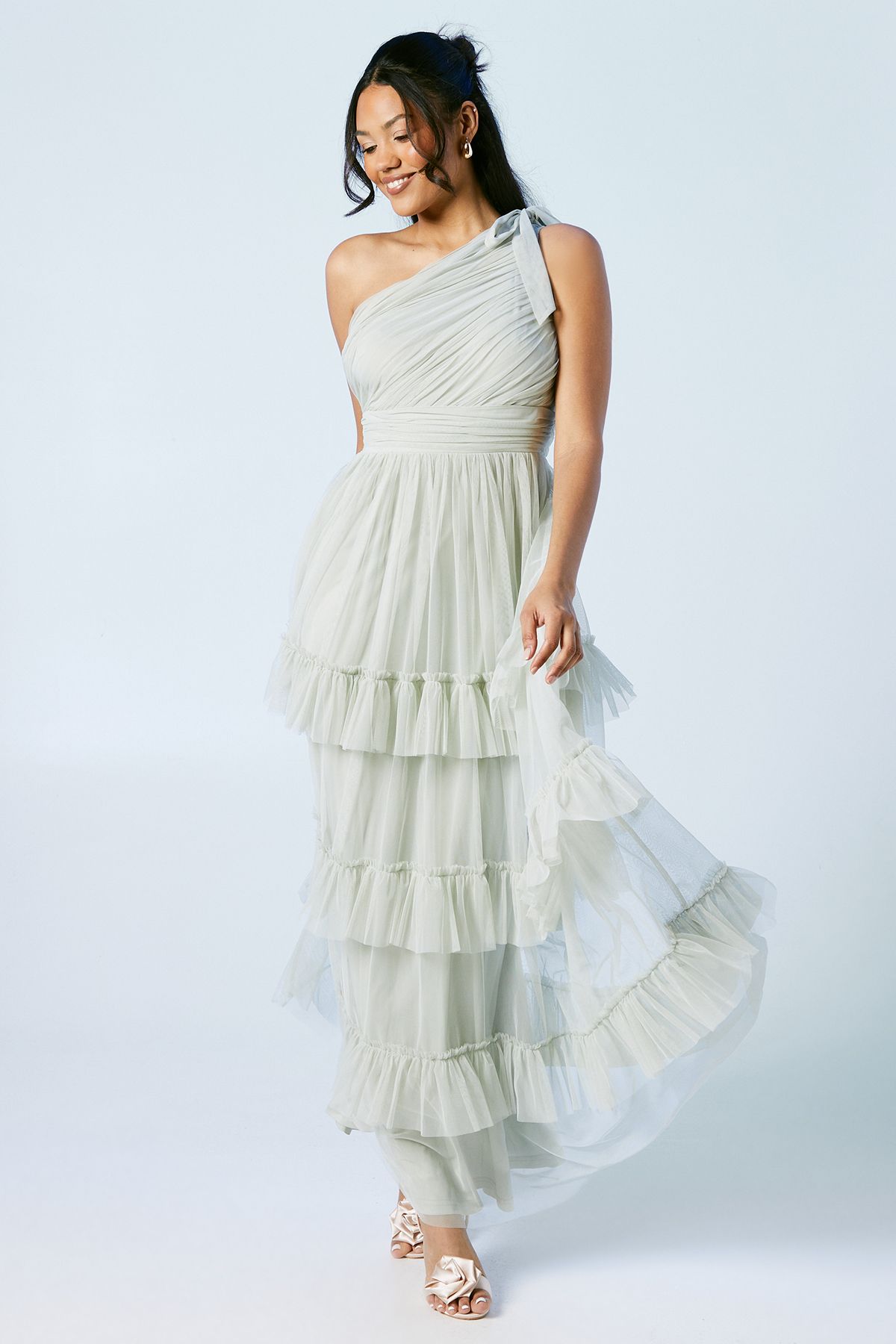 Oasis Pleated Mesh One Shoulder Tiered Maxi Bridesmaid Maxi Dress Sage image 1