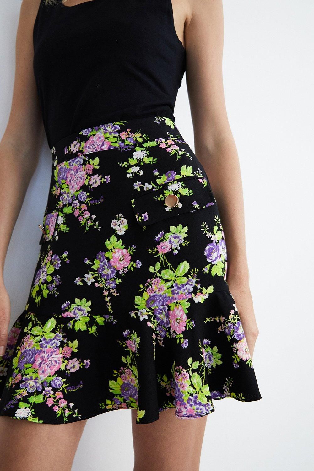 Warehouse Floral Mini Skirt With Gold Buttons Multi