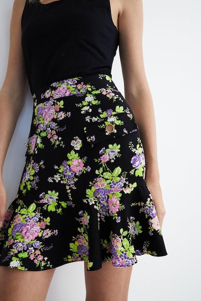 Warehouse Floral Mini Skirt With Gold Buttons Multi