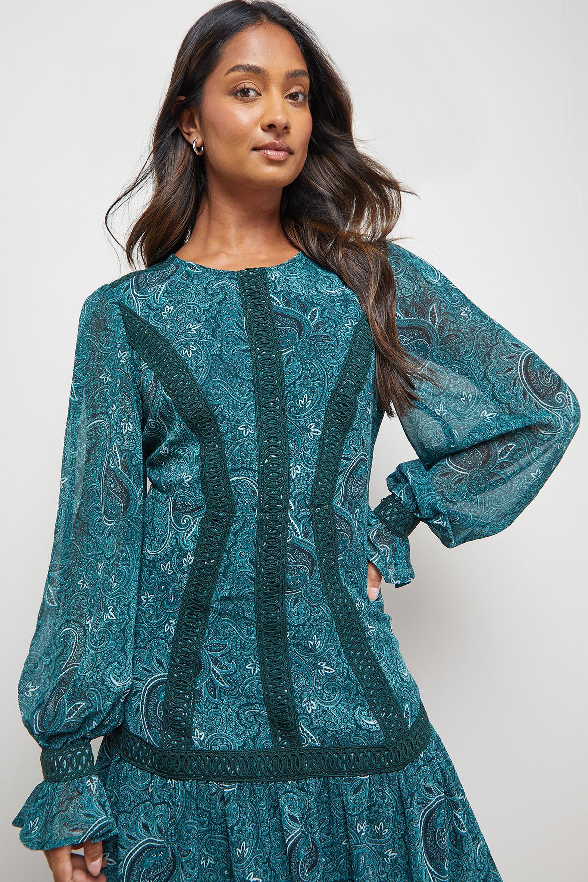 Oasis Lace Detail Balloon Sleeve Drop Hem Midi Dress Multi image 2