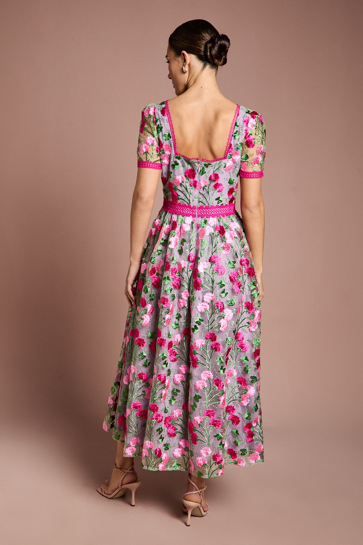 Coast Lace Trim Detail Embroidered Mesh Midi Dress Pink image 3